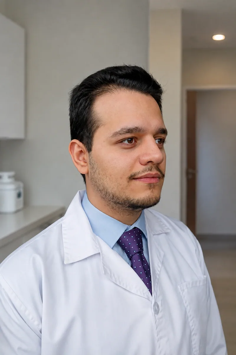 Omid Aslani Damirchi in his original white clinical coat photograph