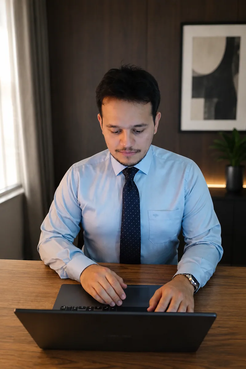 Omid Aslani Damirchi working at a desk on founder-built systems